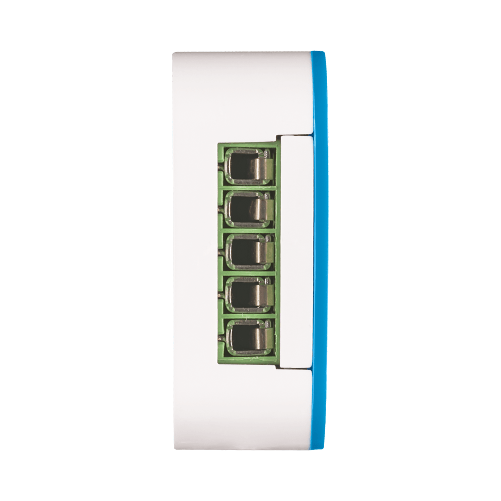 Zijaanzicht van een DIN-rail module met vijf groene klemmen, geschikt voor elektrische aansluitingen in domotica- of automatiseringssystemen.