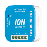 Vooraanzicht van een ION LED Zigbee Dim Module 200W (model 90.500.040) in blauwe behuizing met instelbare knoppen voor SPEED, BOOST, MAX en MIN; voorzien van aansluitklemmen voor 230V AC 50Hz toepassingen.