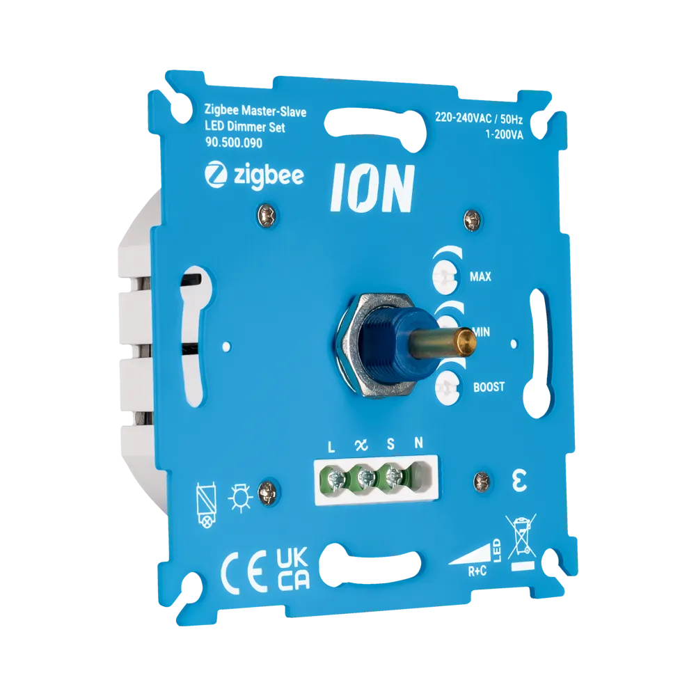 Close-up vooraanzicht van de Zigbee ION Master-Slave LED Dimmer Set (90.500.090) geschikt voor 220-240V AC, met bedieningsknop en aansluitpunten zichtbaar, ontworpen voor draadloze lichtregeling met Zigbee compatibiliteit.