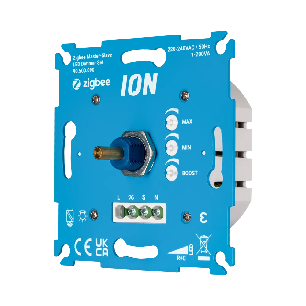 Vooraanzicht van de Zigbee ION Master-Slave LED Dimmer Set 90.500.090, met blauwe montageplaat, regelknoppen voor MAX, MIN en BOOST, en aansluitpunten voor bedrading.