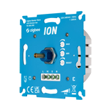 Vooraanzicht van de Zigbee ION Master-Slave LED Dimmer Set 90.500.090, met blauwe montageplaat, regelknoppen voor MAX, MIN en BOOST, en aansluitpunten voor bedrading.