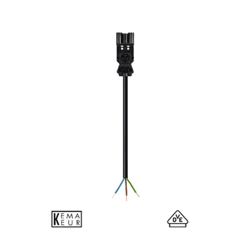 Zwarte 3-aderige voedingskabel met open draadeinden en Wieland GST18i3 stekker, frontaal aanzicht, geschikt voor voedingsaansluitingen in elektrotechnische installaties, voorzien van KEMA-KEUR en VDE keurmerken.