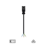 Zwarte 3-aderige voedingskabel met open draadeinden en Wieland GST18i3 stekker, frontaal aanzicht, geschikt voor voedingsaansluitingen in elektrotechnische installaties, voorzien van KEMA-KEUR en VDE keurmerken.