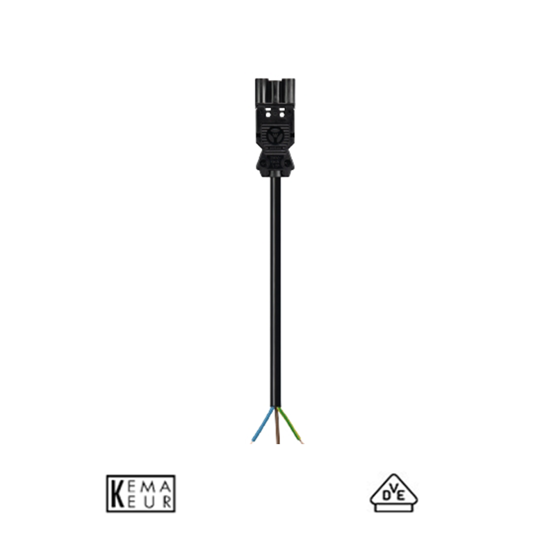 Rechte vooraanzicht van een zwarte GST18i3 voedingskabel met open draadeinden, geschikt voor elektrische installaties, voorzien van KEMA-KEUR en VDE certificering.