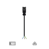 Rechte vooraanzicht van een zwarte GST18i3 voedingskabel met open draadeinden, geschikt voor elektrische installaties, voorzien van KEMA-KEUR en VDE certificering.