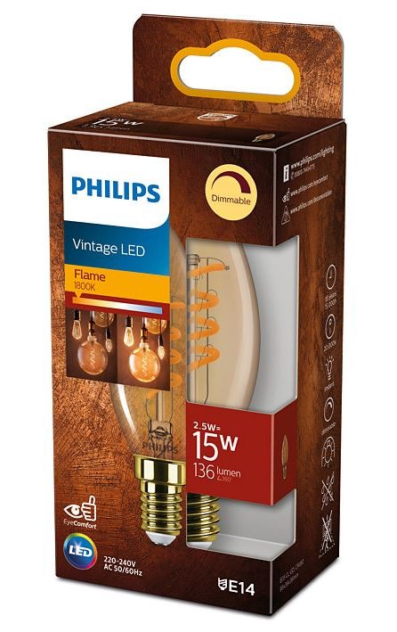 Philips MASTER Value LEDcandle E14 Vintage Filament Goud 2.5W 136lm – 818 Zeer Warm Wit | Dimbaar - Vervangt 15W