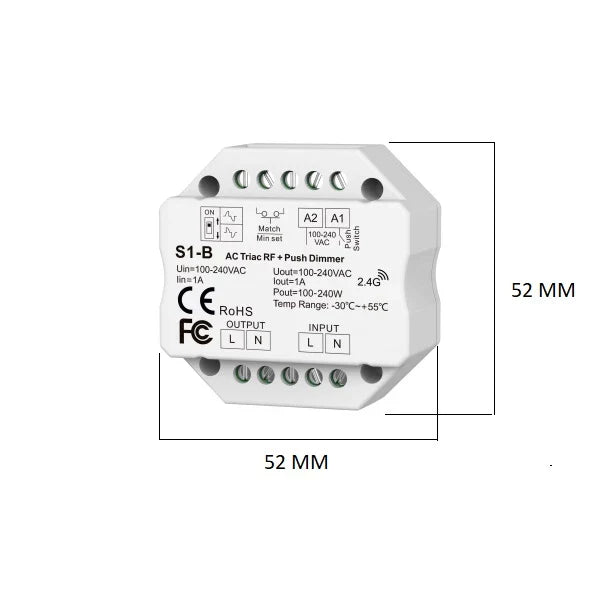 Vooraanzicht van de S1-B AC Triac RF + Push Dimmer module, met zicht op de aansluitpunten, technische specificaties en afmetingen van 52x52 mm, geschikt voor 100-240VAC input en 2.4G draadloze bediening.