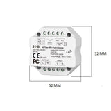 Vooraanzicht van de S1-B AC Triac RF + Push Dimmer module, met zicht op de aansluitpunten, technische specificaties en afmetingen van 52x52 mm, geschikt voor 100-240VAC input en 2.4G draadloze bediening.