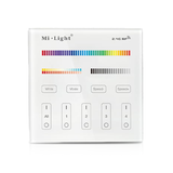 Vooraanzicht van de Mi-Light 2.4G RF draadloze LED-afstandsbediening met kleurenkeuze, wit en RGB-bediening, snelheidsinstellingen en touchknoppen voor vier afzonderlijke lichtzones.