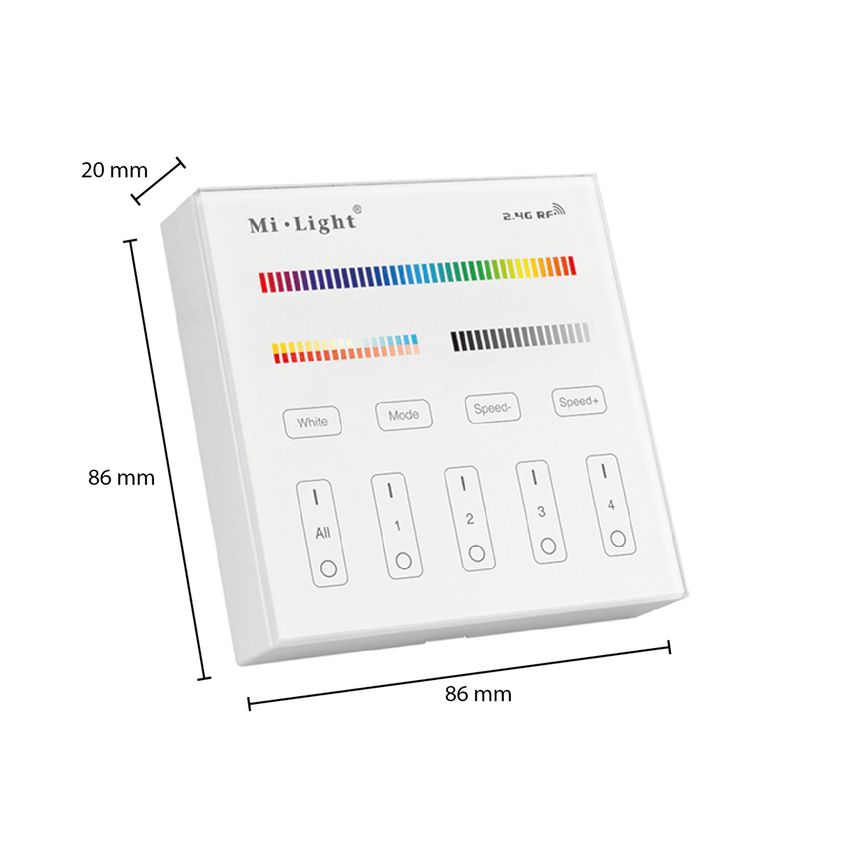 Mi-Light 2.4G RF wandcontroller voor LED verlichting, schuine vooraanzicht weergave met afmetingen 86x86x20 mm en bedieningsknoppen voor kleur, modus, snelheid en zones.