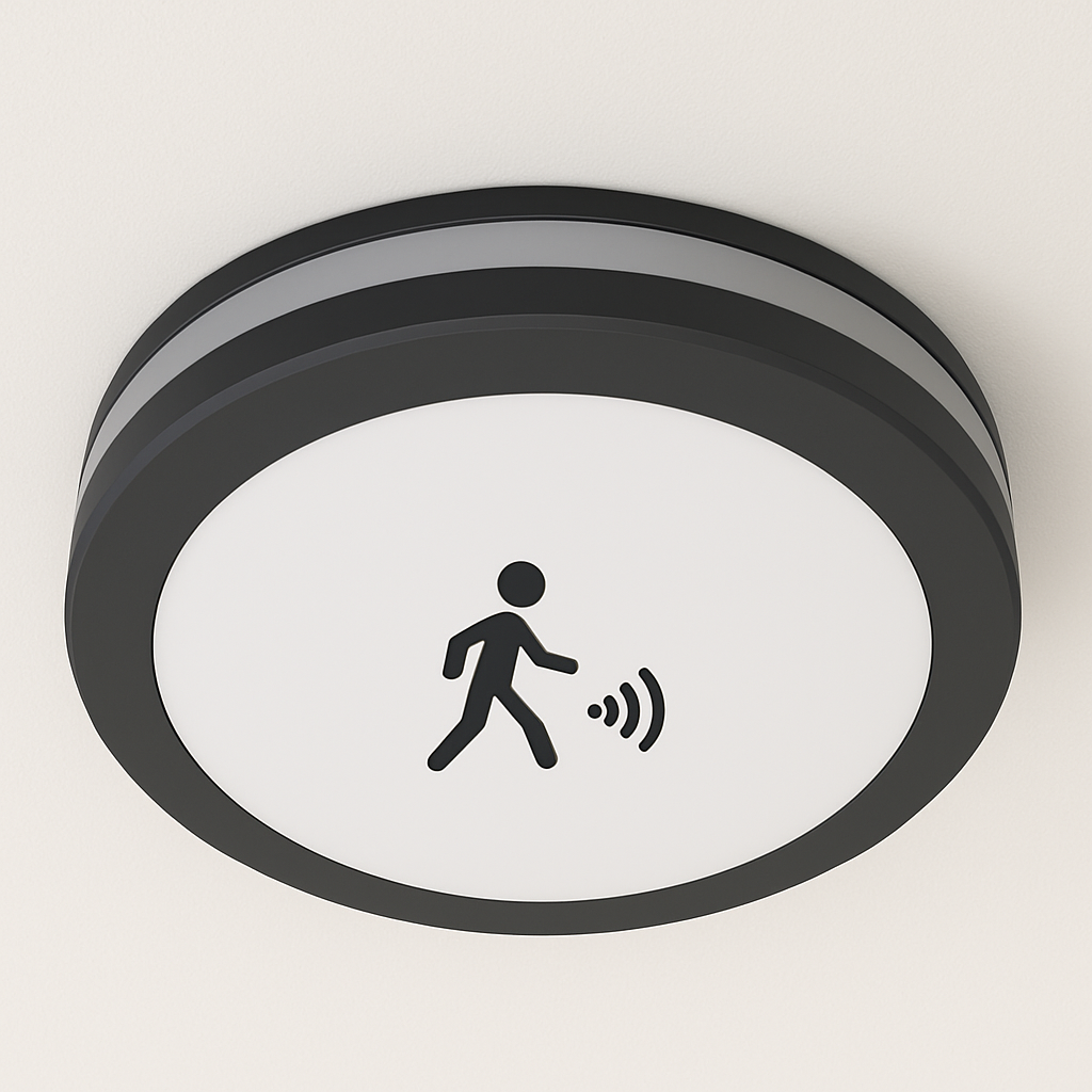 Ronde plafond gemonteerde bewegingssensor met pictogram van lopende persoon en detectiegolven, gezien vanaf een schuine onderhoek.