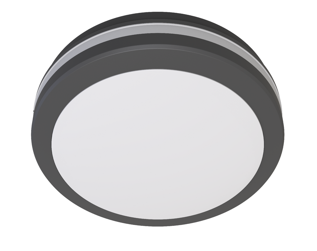 Rond zwarte plafondlamp met witte diffuser, onderaanzicht, modern design voor binnen- en buitenverlichting.