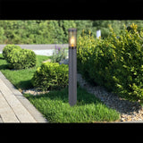 Moderne zwarte tuinlamp op zonne-energie met zichtbaar filament, staand in een groene tuin langs een borderpad – frontaal aanzicht bij daglicht.