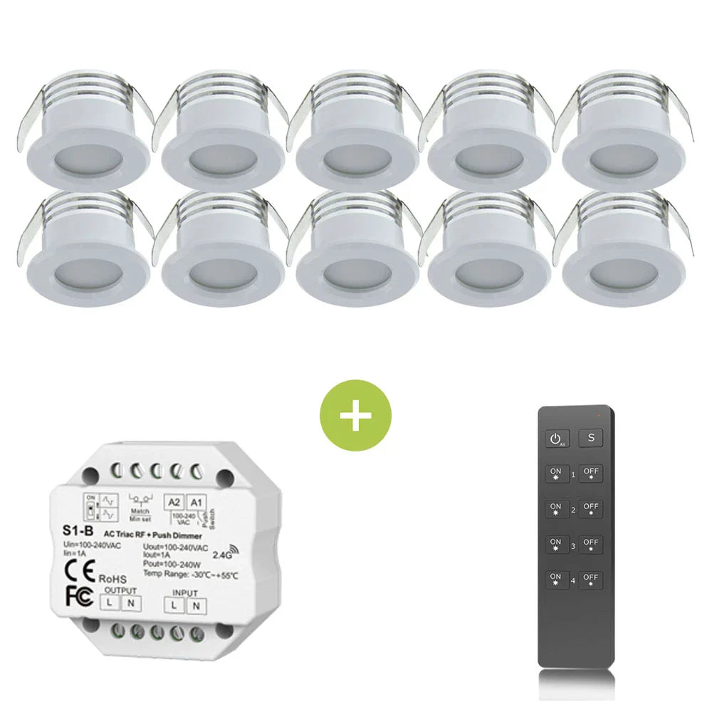 Set van 10 ronde LED inbouwspots in witte behuizing, inclusief RF-dimmermodule en afstandsbediening, vooraanzicht van alle componenten.