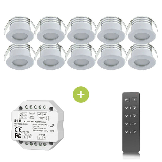 Set van 10 ronde LED inbouwspots in witte behuizing, inclusief RF-dimmermodule en afstandsbediening, vooraanzicht van alle componenten.