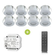 Set van 6 ronde LED inbouwspots in wit met aluminium afwerking, inclusief een draadloze RF dimmer en afstandsbediening, weergegeven in vooraanzicht.