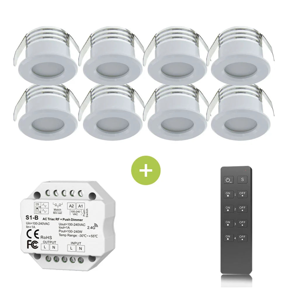 Set van 6 ronde LED inbouwspots in wit met aluminium afwerking, inclusief een draadloze RF dimmer en afstandsbediening, weergegeven in vooraanzicht.