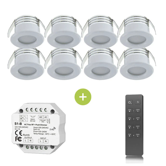 Set van 6 ronde LED inbouwspots in wit met aluminium afwerking, inclusief een draadloze RF dimmer en afstandsbediening, weergegeven in vooraanzicht.