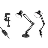 Zwarte verstelbare bureaulamp met scharnierende arm, metalen voet en tafelklem, inclusief aansluitsnoer met schakelaar – zijaanzicht van verschillende montagemogelijkheden.