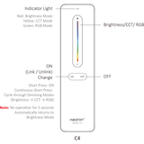 Vooraanzicht van de MiBOXER C4 afstandsbediening met aanraakgevoelige kleur- en helderheidsregeling, indicatorlicht voor modusweergave (helderheid, CCT, RGB) en aan/uit-knoppen.