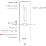 Vooraanzicht van de MiBoxer C4 LED afstandsbediening met touchbediening voor helderheid, kleurtemperatuur (CCT) en RGB-verlichting, voorzien van aan/uit-knoppen, modusindicatorlicht en kleurcontrolepaneel.