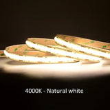 Flexibele LED-stripverlichting 4000K natuurlijk wit licht, zijaanzicht met ingeschakelde verlichting in warme neutrale kleurtemperatuur.