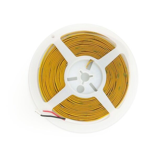 Bovenaanzicht van een opgerolde gele platte Flex Sensor Strip op een witte kunststof spoel met aansluitdraden, ideaal voor elektronische toepassingen en robotica projecten.