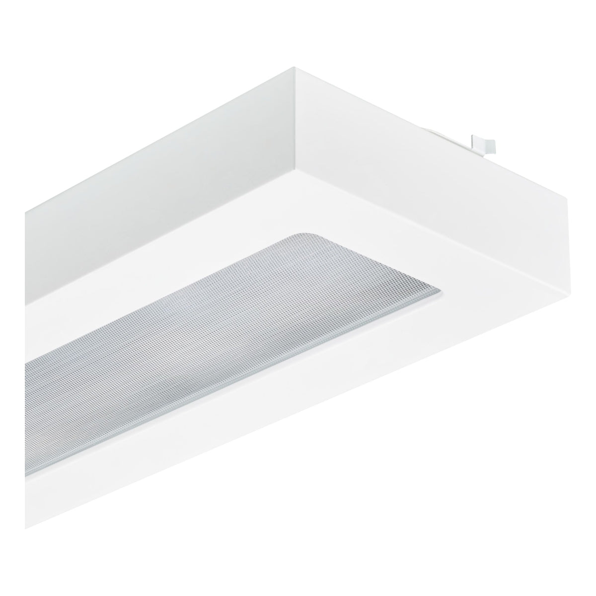 Witte opbouw LED plafondarmatuur met raster, schuin onderaanzicht van de armatuur voor kantoor- of winkelverlichting.
