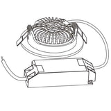 Lijntekening van een LED downlight met koelelement en externe driver, bovenaanzicht.