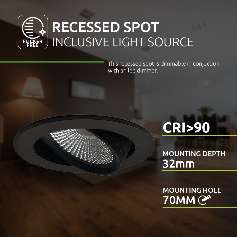 Close-up zijaanzicht van een dimbare recessed spot met geïntegreerde lichtbron, CRI>90, geschikt voor montagegat van 70mm en montagediepte van 32mm, weergegeven in een moderne interieursetting.