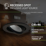 Close-up zijaanzicht van een dimbare recessed spot met geïntegreerde lichtbron, CRI>90, geschikt voor montagegat van 70mm en montagediepte van 32mm, weergegeven in een moderne interieursetting.