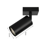 Zwarte verstelbare plafondspot LED railverlichting met cilinderdesign – zijaanzicht met afmetingen 10 cm lengte en 5,5 cm diameter.