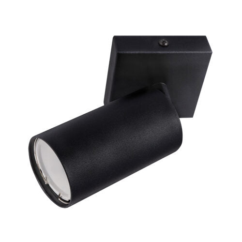Zwarte moderne wandspot met cilindervormige lampkop, schuin zijaanzicht – ideaal voor gerichte binnenverlichting in woon- of werkomgeving.