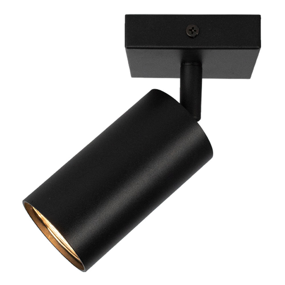 Zwarte moderne verstelbare plafondspot in cilindervormig design, met frontaal zijaanzicht zichtbaar tegen een witte achtergrond.
