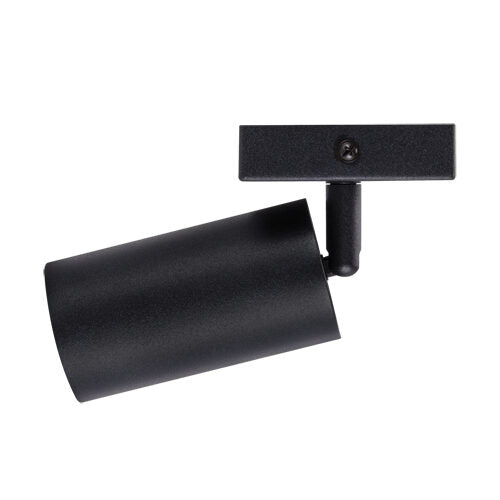 Zwart metalen LED railspot in cilindervorm, zijaanzicht – moderne verstelbare railverlichting voor plafondmontage.