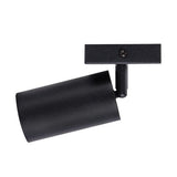 Zwart metalen LED railspot in cilindervorm, zijaanzicht – moderne verstelbare railverlichting voor plafondmontage.