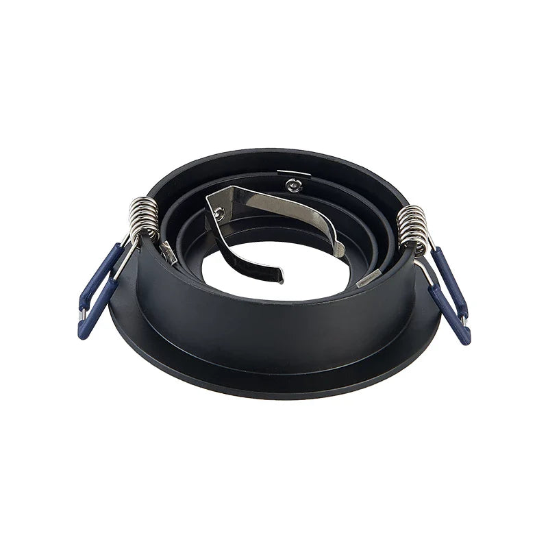 Zwarte metalen inbouwspot houder met veersluiting en verstelbare klem, vooraanzicht op witte achtergrond.