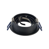 Zwarte metalen inbouwspot houder met veersluiting en verstelbare klem, vooraanzicht op witte achtergrond.