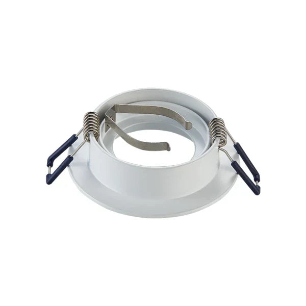 Witte ronde inbouwspot houder met klemveren, schuin bovenaanzicht, geschikt voor LED downlights.