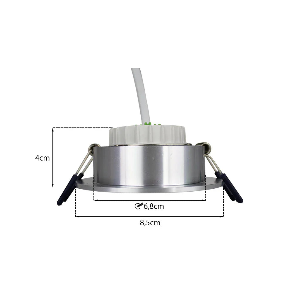 Achteraanzicht LED inbouwspot rond zilver – afmetingen 8,5 cm diameter, 4 cm hoogte, zaagmaat 6,8 cm – met veerklemmen en aansluitkabel.