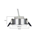 Achteraanzicht LED inbouwspot rond zilver – afmetingen 8,5 cm diameter, 4 cm hoogte, zaagmaat 6,8 cm – met veerklemmen en aansluitkabel.