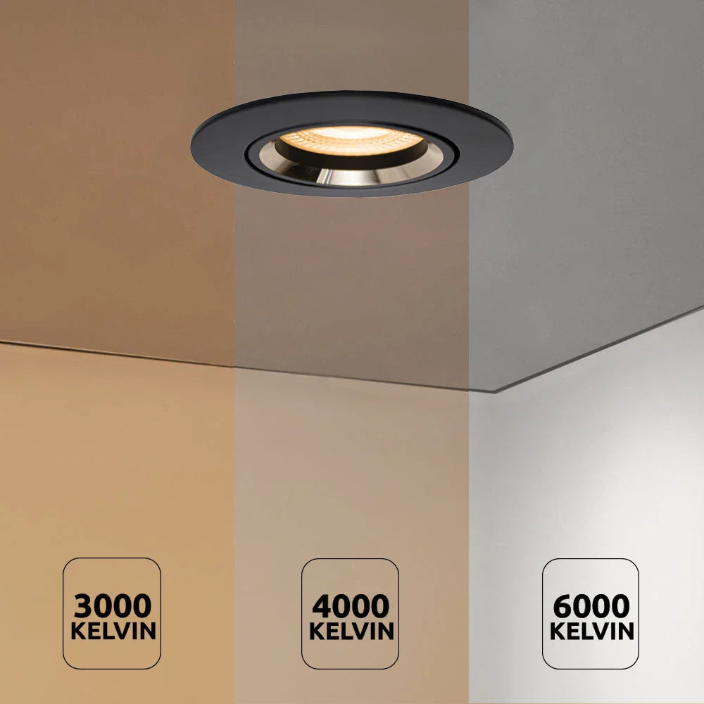 Inbouwspot LED met verstelbare kleurtemperatuur, zwart ronde afwerking, plafondaanzicht met drie lichtstanden: warm wit (3000K), neutraal wit (4000K) en koel wit (6000K).
