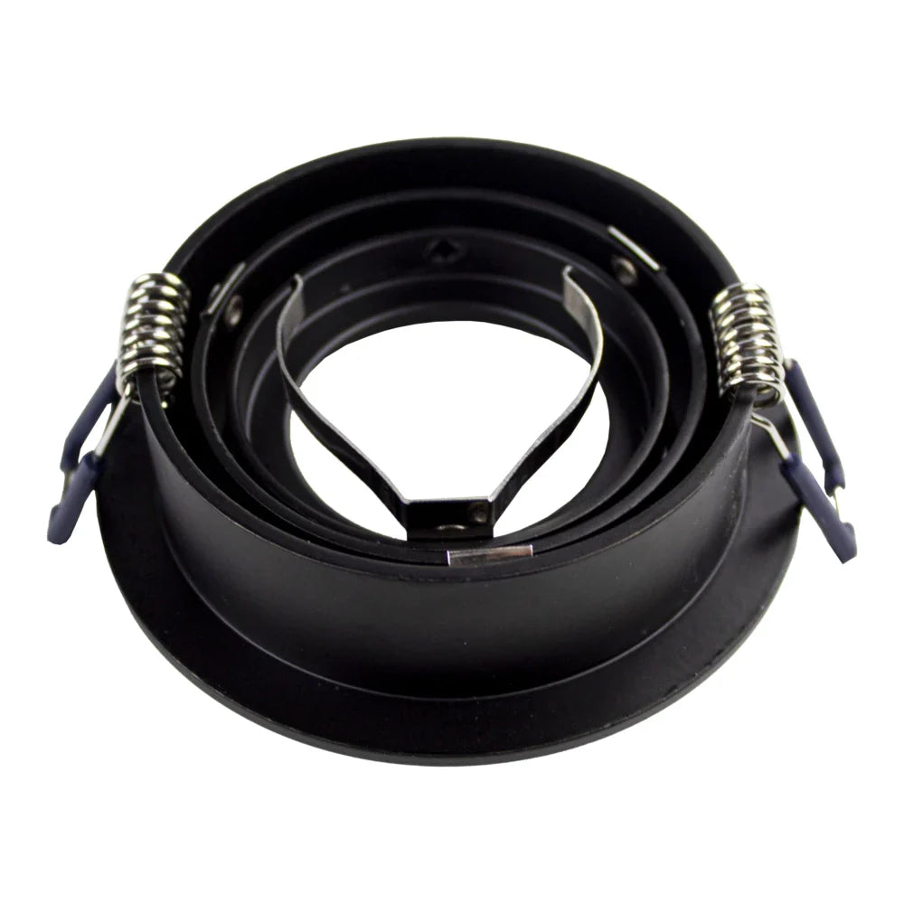 Ronde zwarte inbouwspot houder met klemveren, bovenaanzicht.