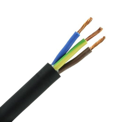 Close-up van een zwarte elektrakabel met drie koperen aders (blauw, geel/groen, bruin) zonder mantel, met zicht op de gestripte uiteinden.