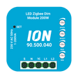 Vooraanzicht van de ION LED Zigbee Dim Module 200W (90.500.040), een compacte blauwe dimmodule voor 230V AC 50Hz installaties met instelknoppen voor snelheid, boost, maximale en minimale dimstanden en aansluitklemmen onderaan.
