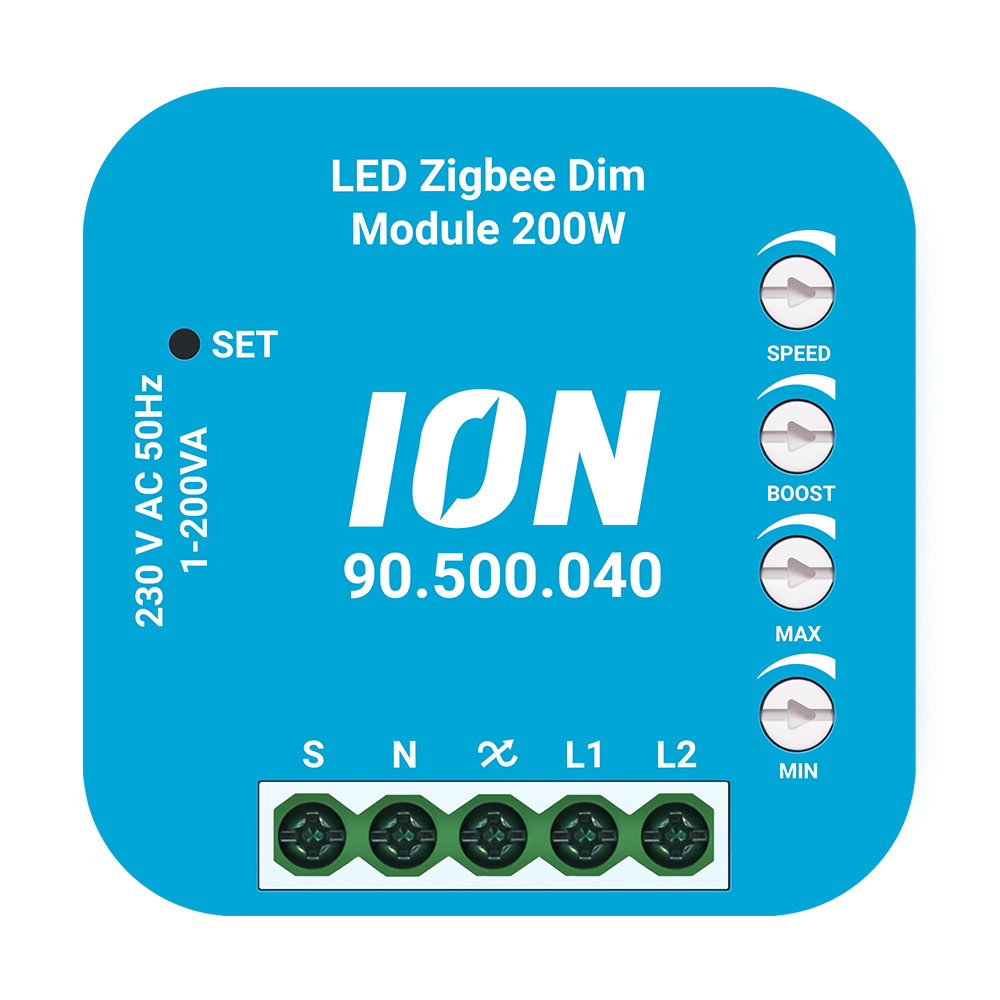 Vooraanzicht van de ION LED Zigbee Dim Module 200W (90.500.040), een compacte blauwe dimmodule voor 230V AC 50Hz installaties met instelknoppen voor snelheid, boost, maximale en minimale dimstanden en aansluitklemmen onderaan.