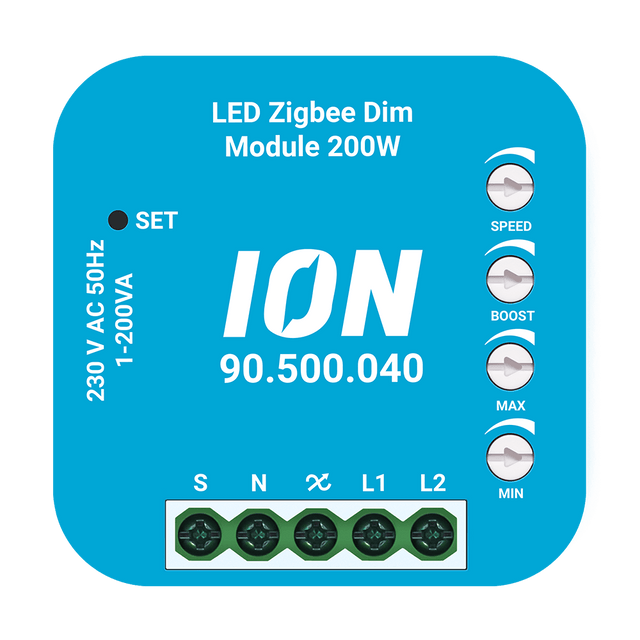 Vooraanzicht van de ION LED Zigbee Dim Module 200W (90.500.040), een compacte blauwe dimmodule voor 230V AC 50Hz installaties met instelknoppen voor snelheid, boost, maximale en minimale dimstanden en aansluitklemmen onderaan.