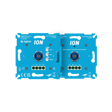 Vooraanzicht van de ION Zigbee Master-Slave LED Dimmer Set (90.500.090), bestaande uit twee blauwe dimmodules met aansluitklemmen en bedieningsknoppen voor max, min en boost instellingen.
