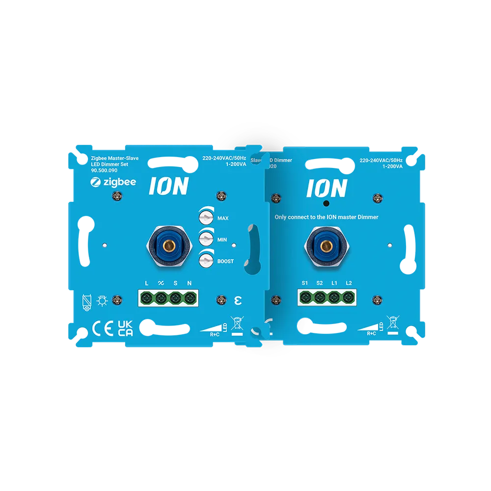 Vooraanzicht van de ION Zigbee Master-Slave LED Dimmer Set (90.500.090), bestaande uit twee blauwe dimmodules met aansluitklemmen en bedieningsknoppen voor max, min en boost instellingen.