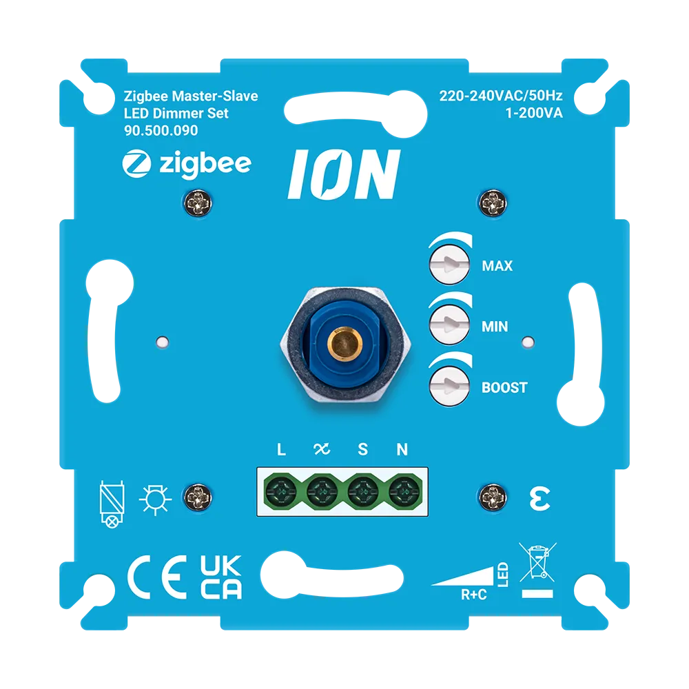 Vooraanzicht van de ION Zigbee Master-Slave LED Dimmer Set (90.500.090), geschikt voor 220-240VAC/50Hz spanningsbereik en een vermogen van 1-200VA, met instelbare MAX, MIN en BOOST knoppen en aansluitpunten voor bedrading.